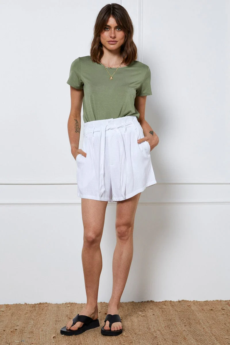 White Belted Shorts High Waist Linen