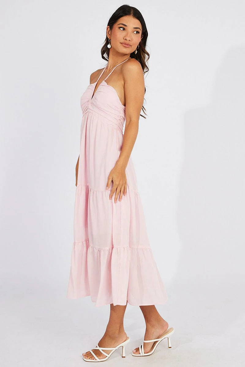 Pink Maxi Dress Halter Neck Tiered