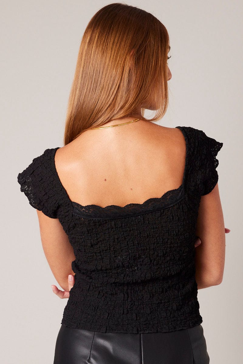 Black Textured Top Short Sleeve