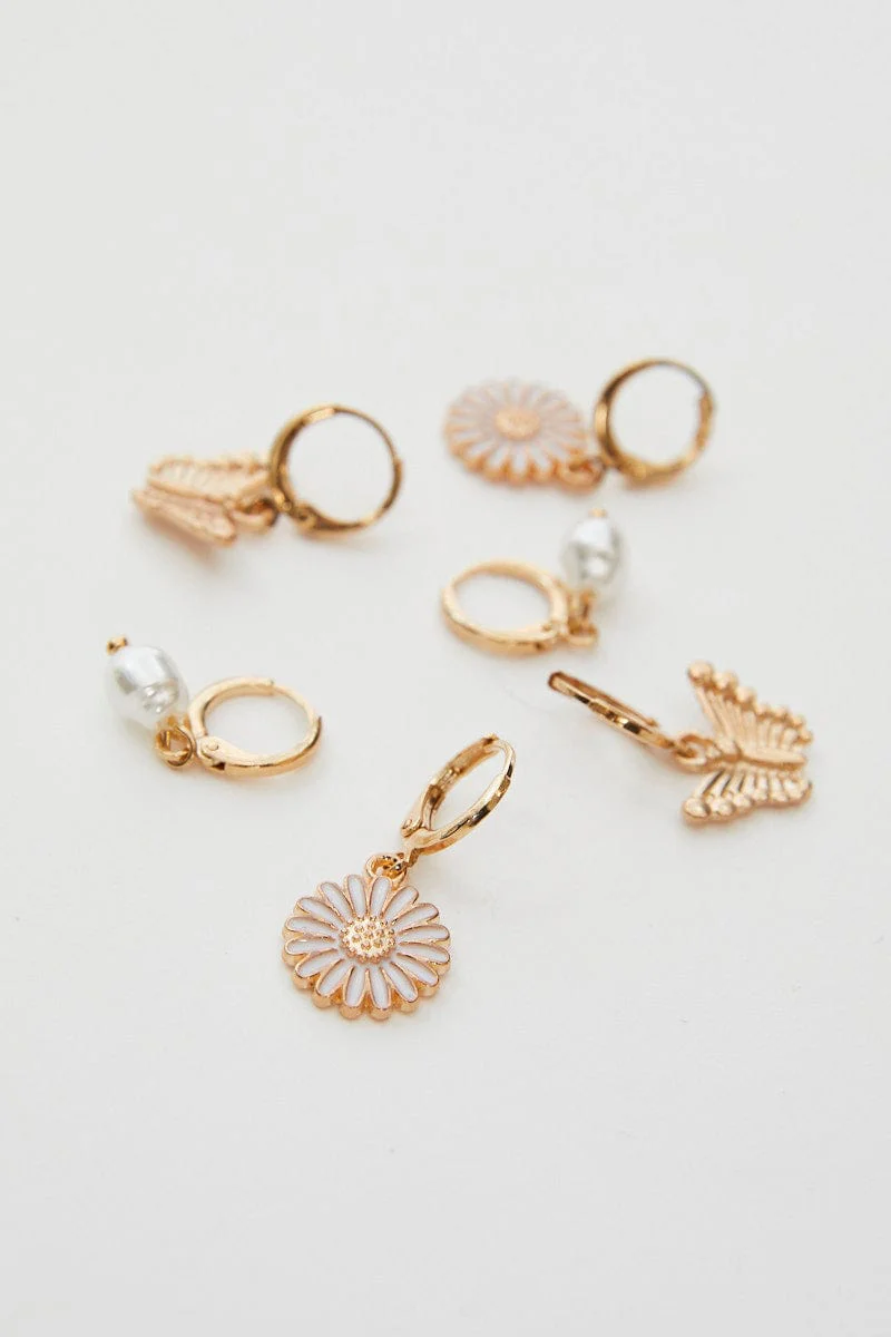 Gold 3 Pack Pretty Earrings