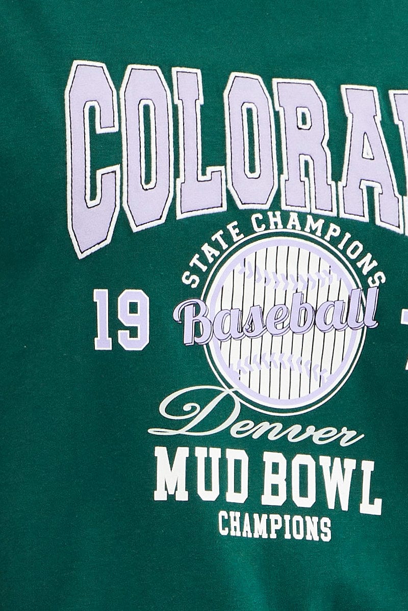 Green Tee Round Neck Short Sleeve Graphic Print