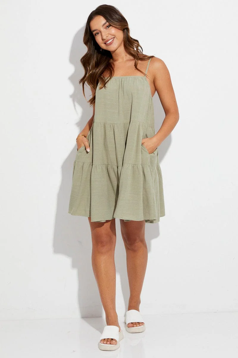 Green Swing Dress Sleeveless Tiered Linen Blend