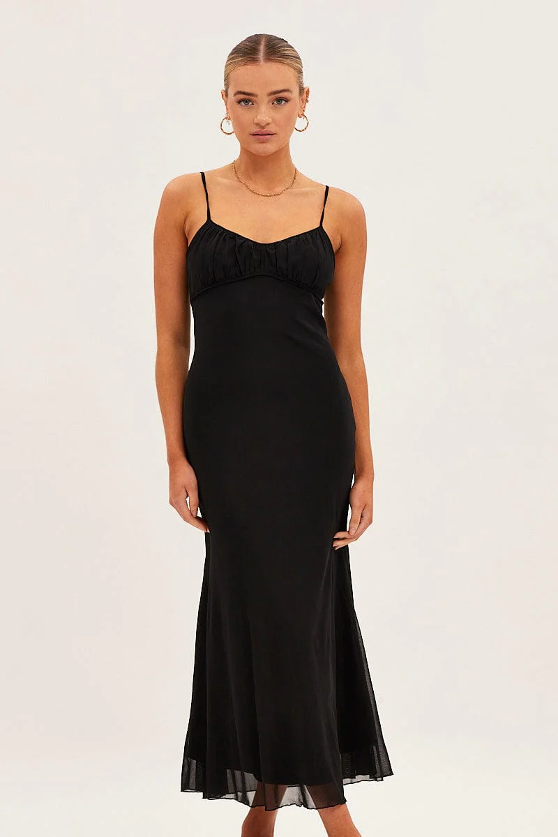 Black Maxi Dress Sleeveless Gathering Bust Mesh