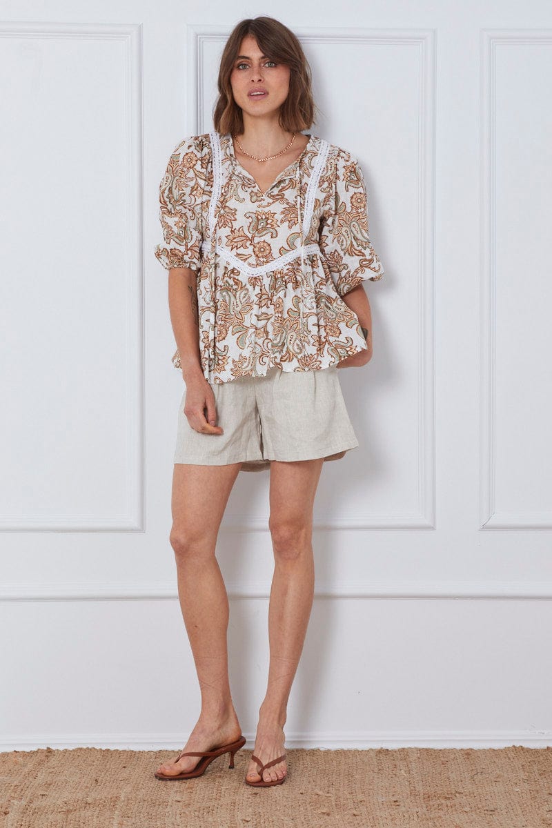 Print Relaxed Top Short Sleeve Oversized Square Neck