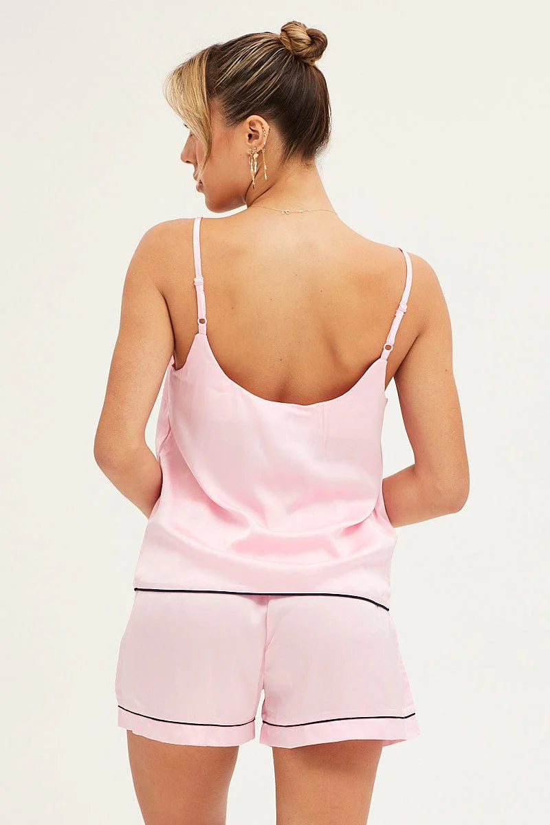 Pink Satin Cami Top & Shorts Pj Set