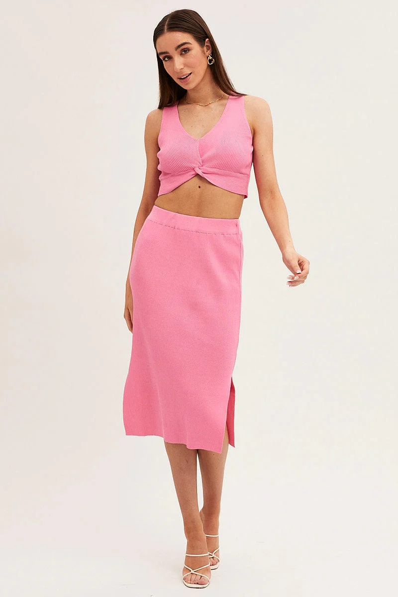 Pink Knit Skirt Midi High Rise