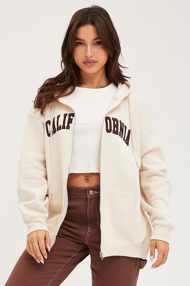 Beige Graphic Jacket Long Sleeve Oversized