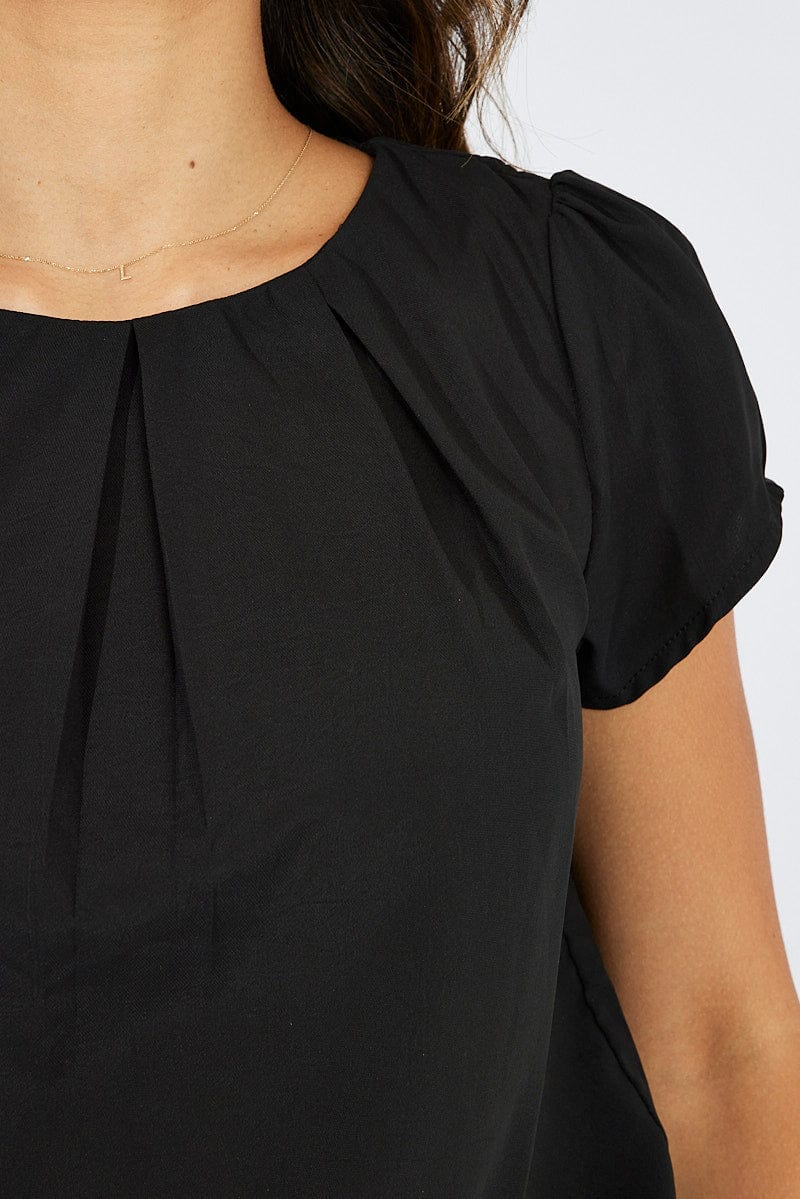 Black Top Cap Sleeve Pleat Detail Workwear