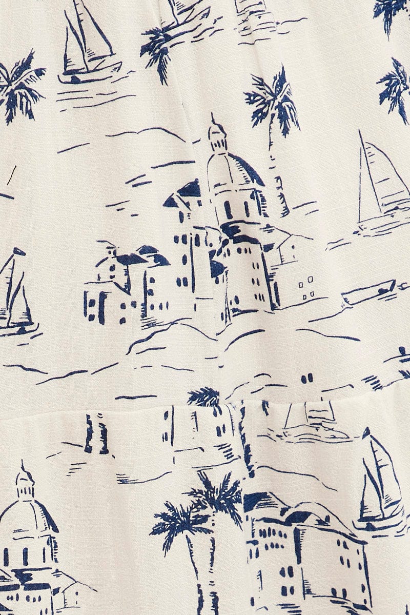 Blue Abstract Maxi Skirt High Waist Split Tiered Printed