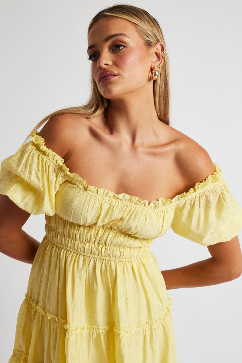 Yellow Fit And Flare Dress Puff Sleeve