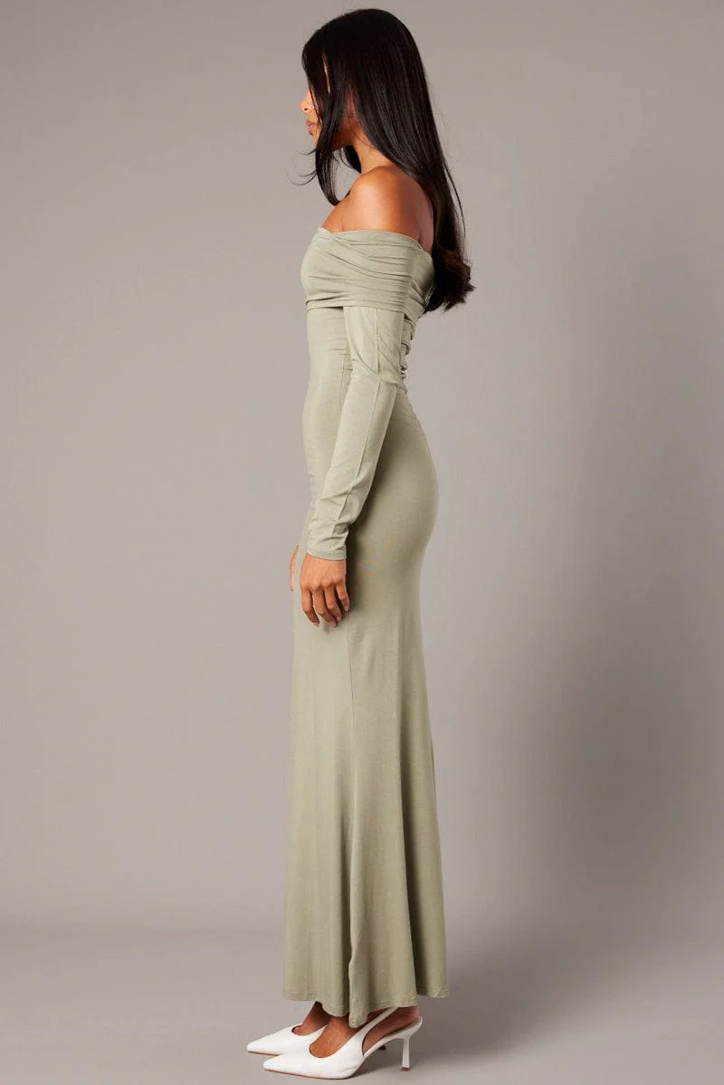 Green Off Shoulder Dress Long Sleeve  Maxi