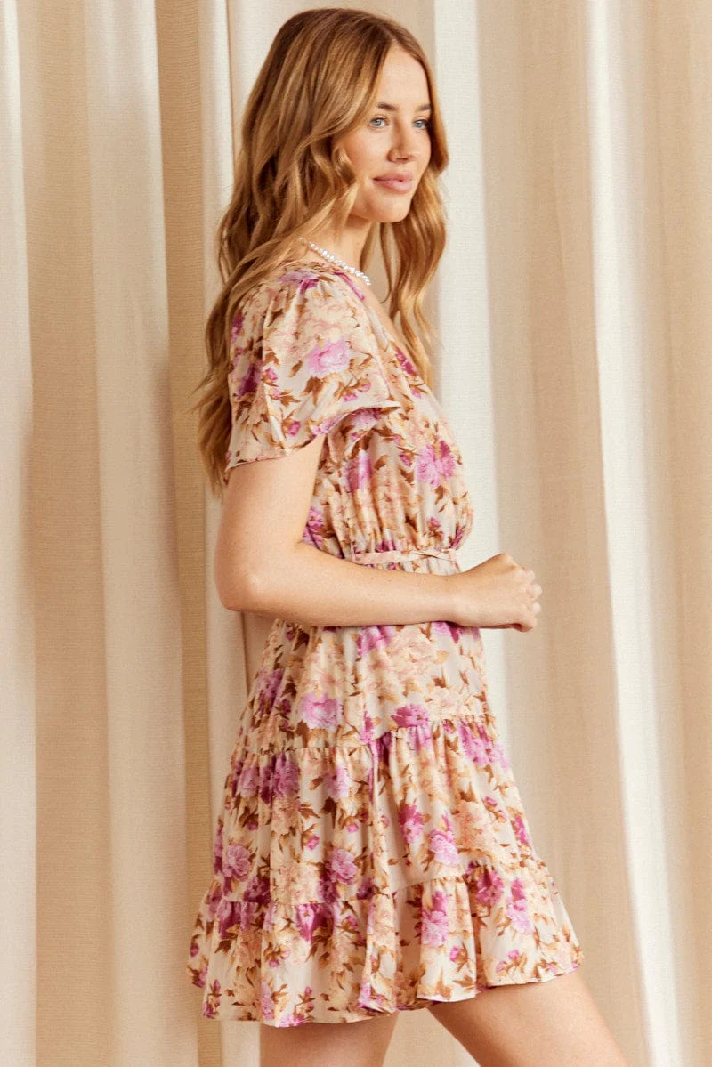 Pink Floral Fit And Flare Dress Short Sleeve Wrap Chiffon