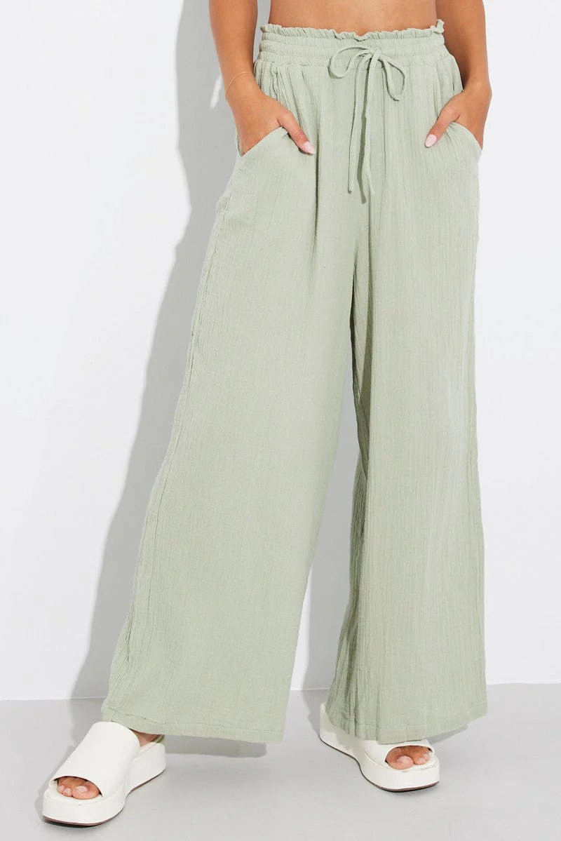 Green Wide Leg Pants High Rise