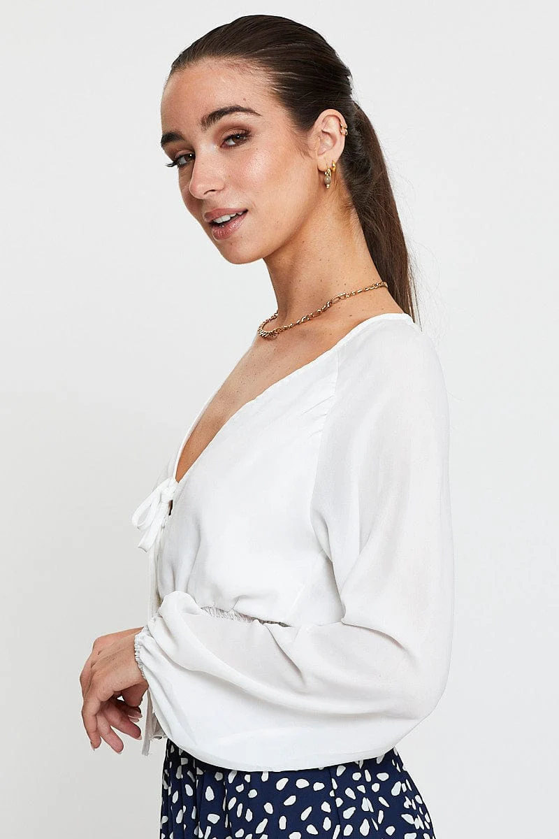 White Crop Top Long Sleeve V-Neck