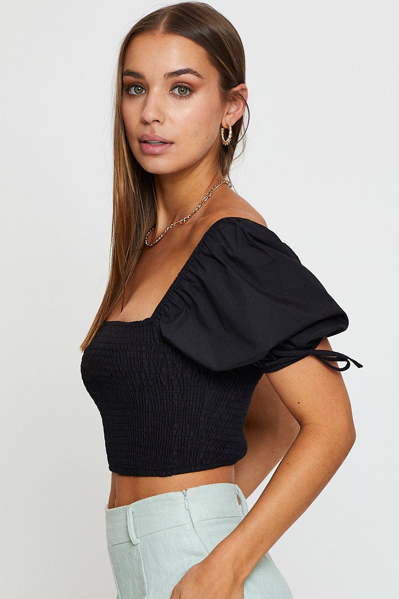 Black Puff Sleeve Top Short Sleeve Crop
