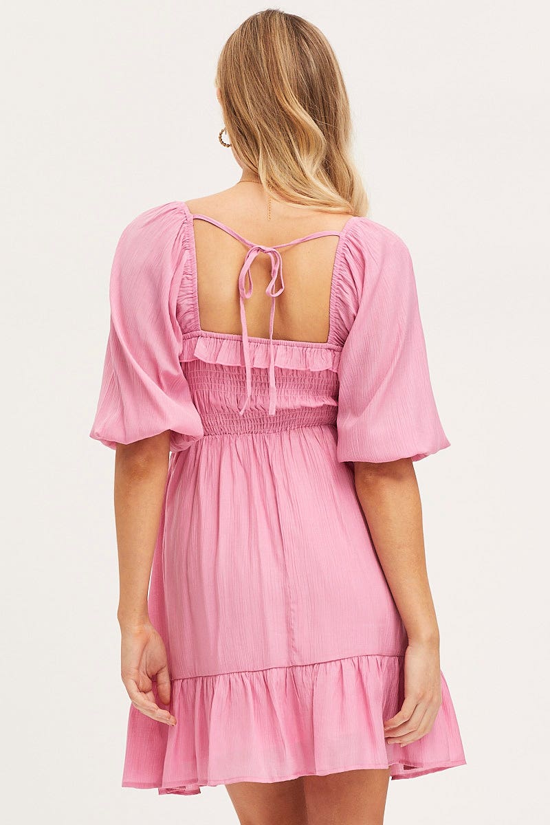 Pink Mini Dress Short Sleeve Evening