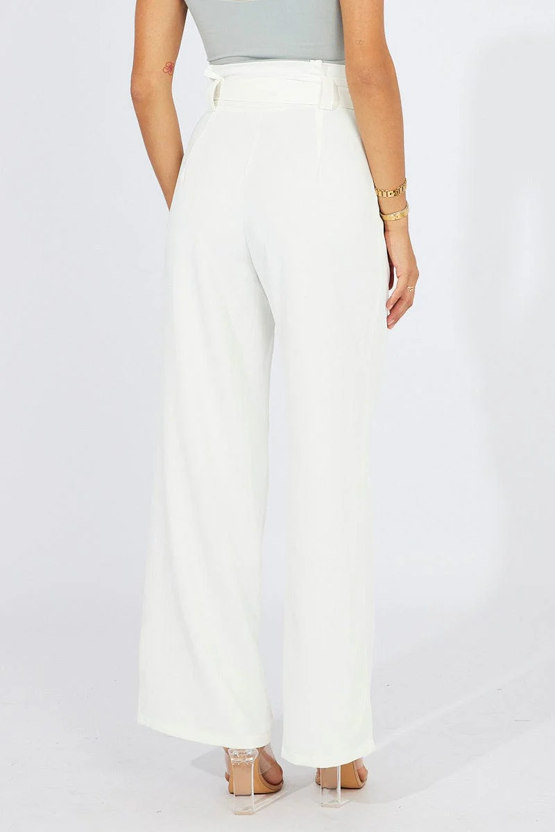 White Wide Leg Pants Paper Bag Waist