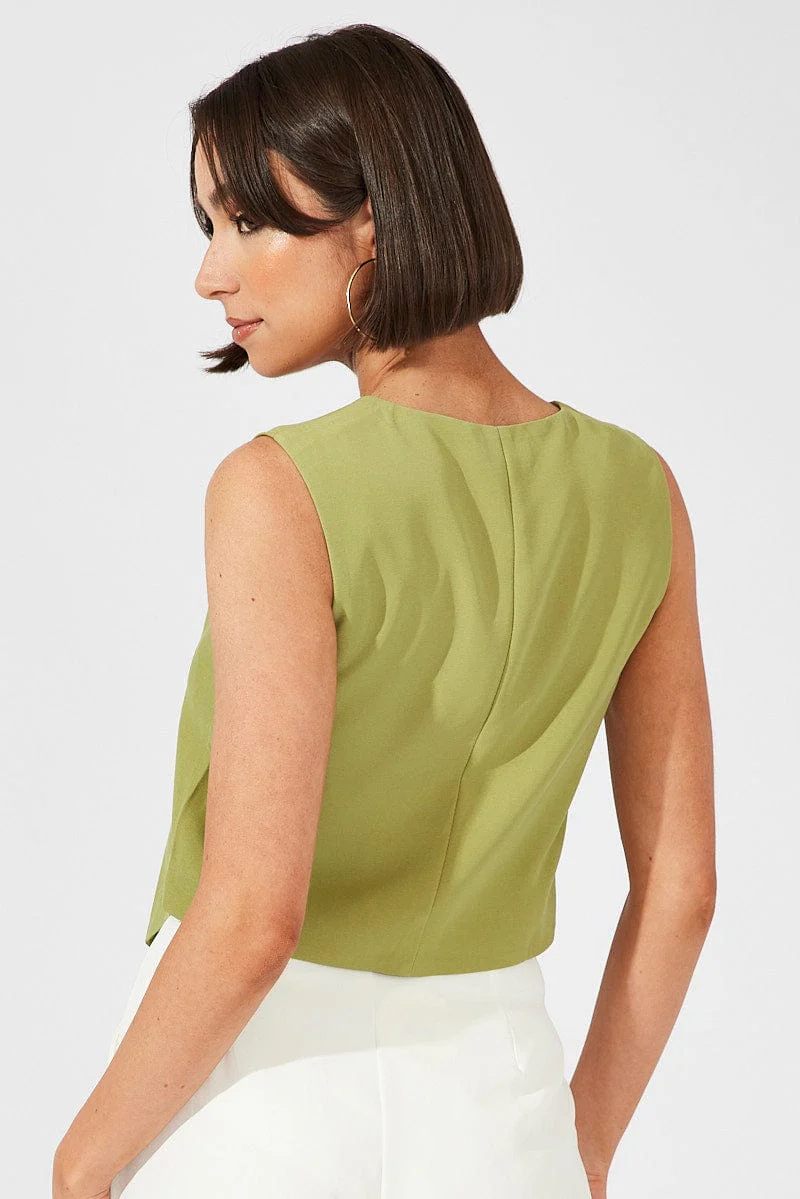 Green Top Waistcost Sleeveless V Neck Button Up Relaxed