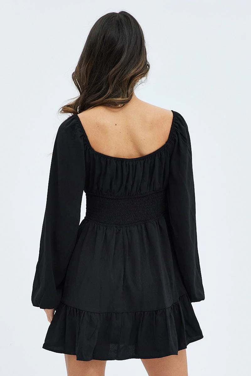 Black Fit and Flare Dress Long Sleeve  Ruched Bust