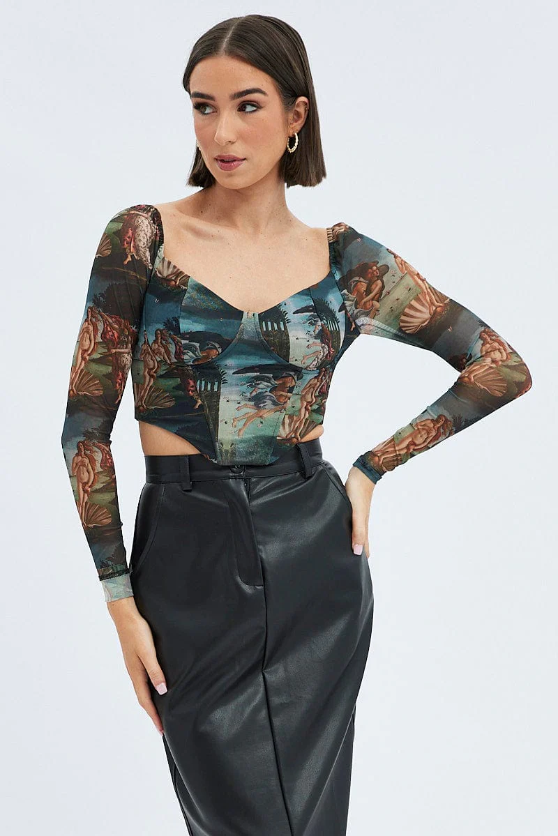 Multi Print Crop Top Long Sleeve Sweetheart Mesh Shirred