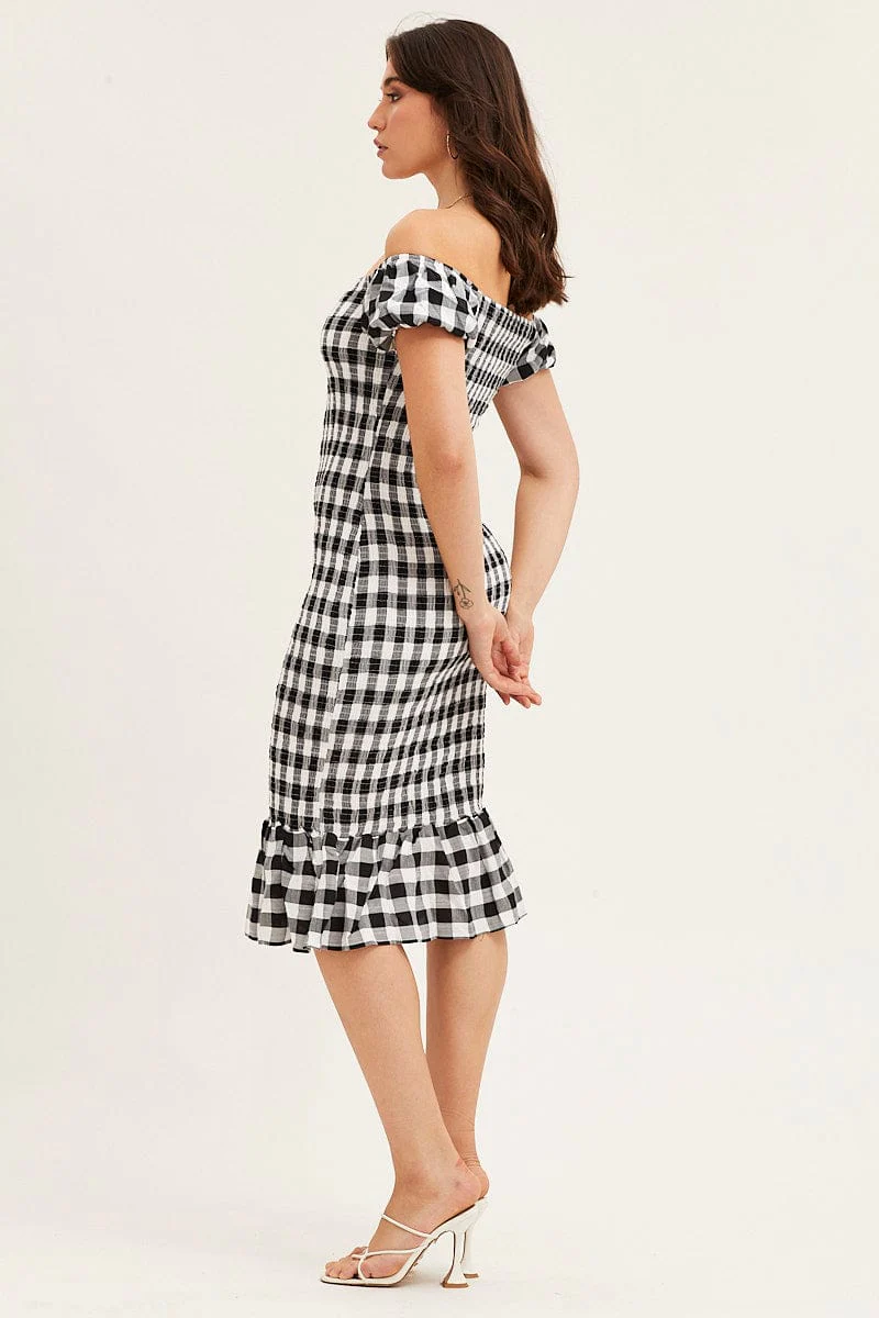 Check Shirred Midi Dress