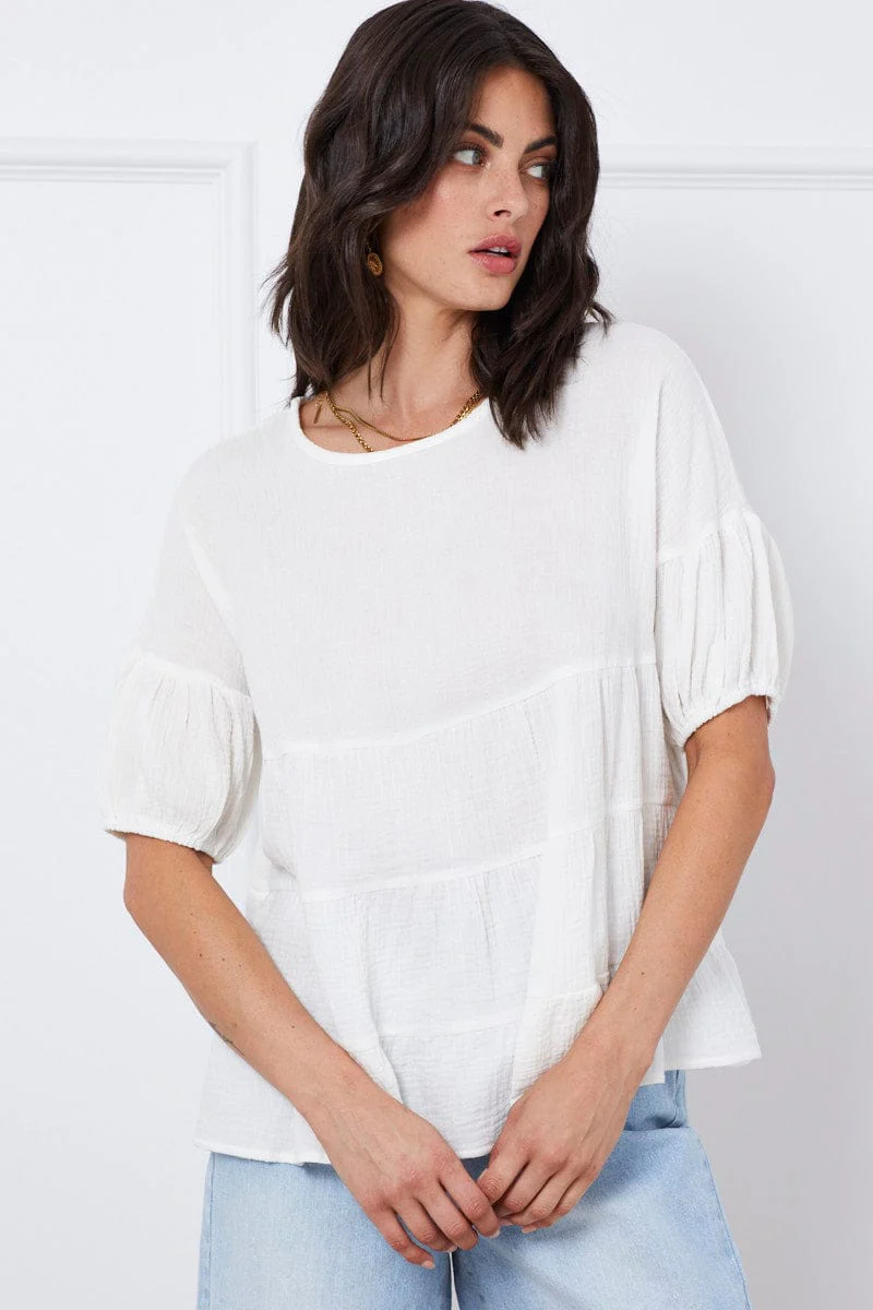 White Relaxed Top Short Sleeve Square Neck