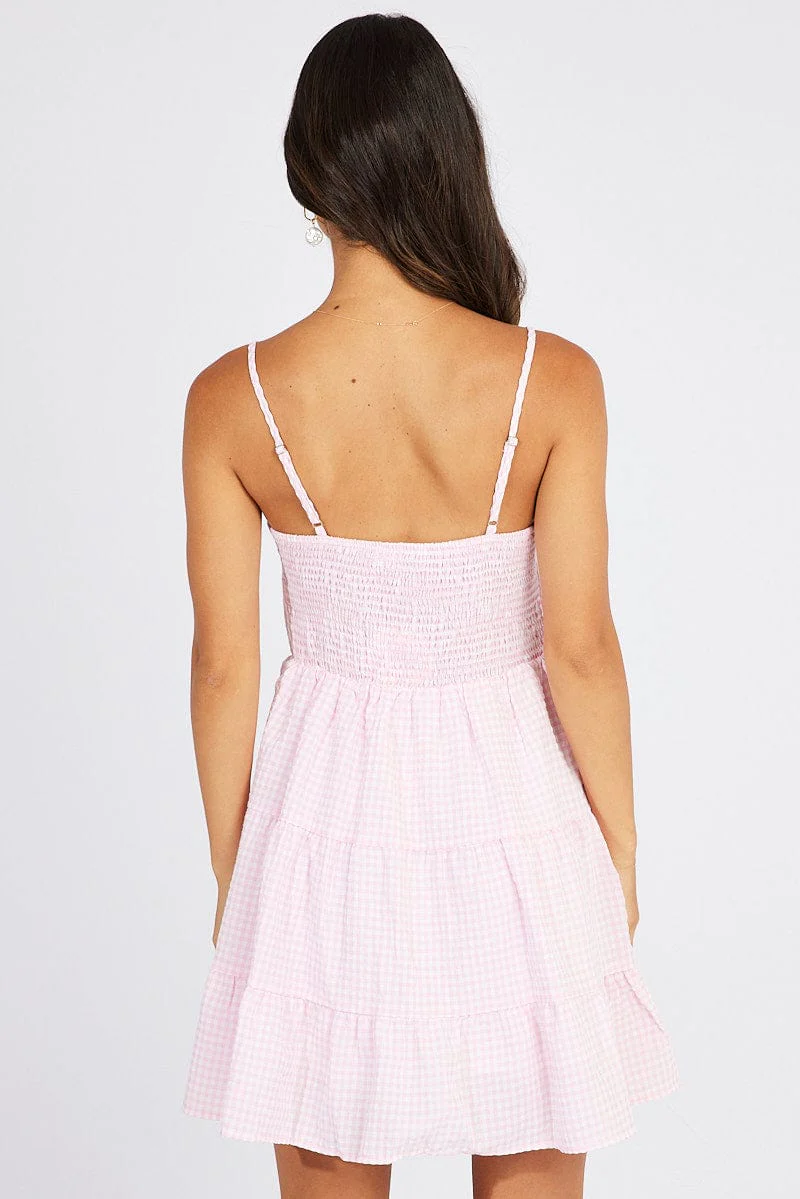 Pink Check Fit and Flare Dress Sleeveless Tiered