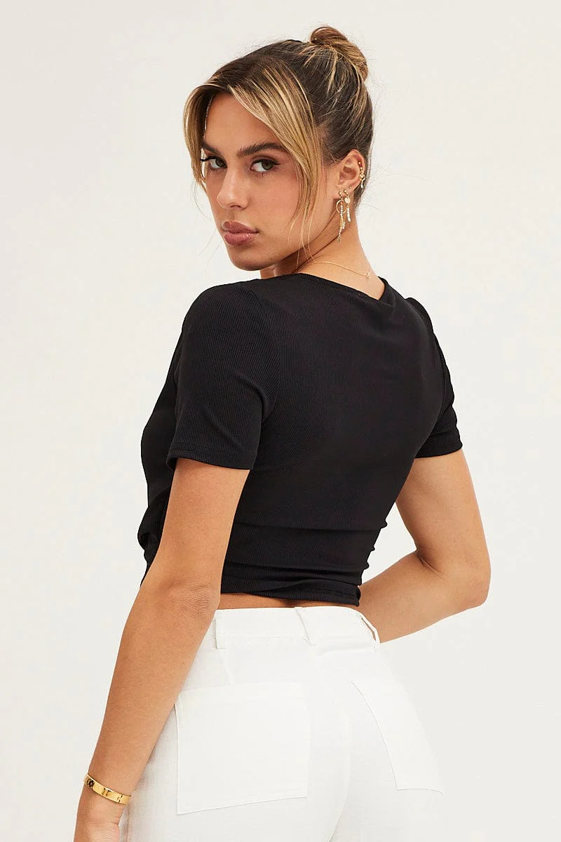 Black Short Sleeve V Neck Rib Jersey Crossover Top