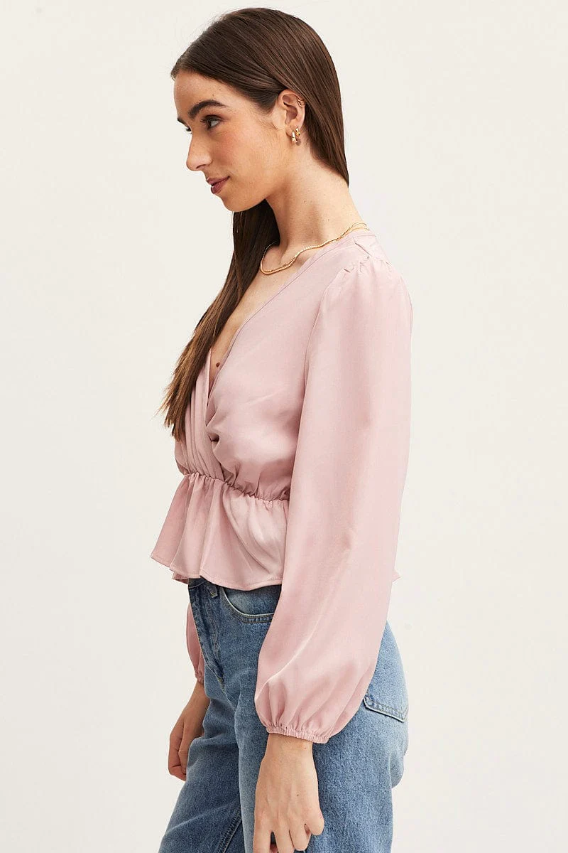 Pink Wrap Front Top Long Sleeve