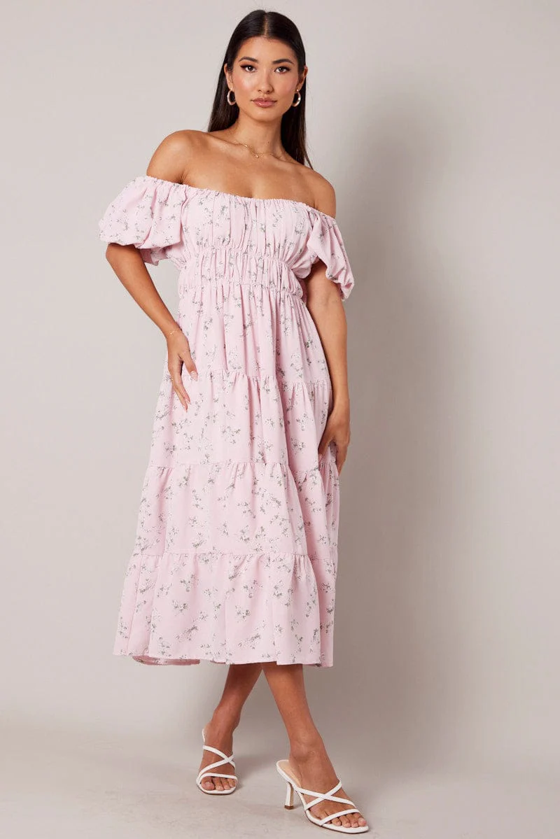 Pink Floral Midi Dress Puff Sleeve Gathered Bust