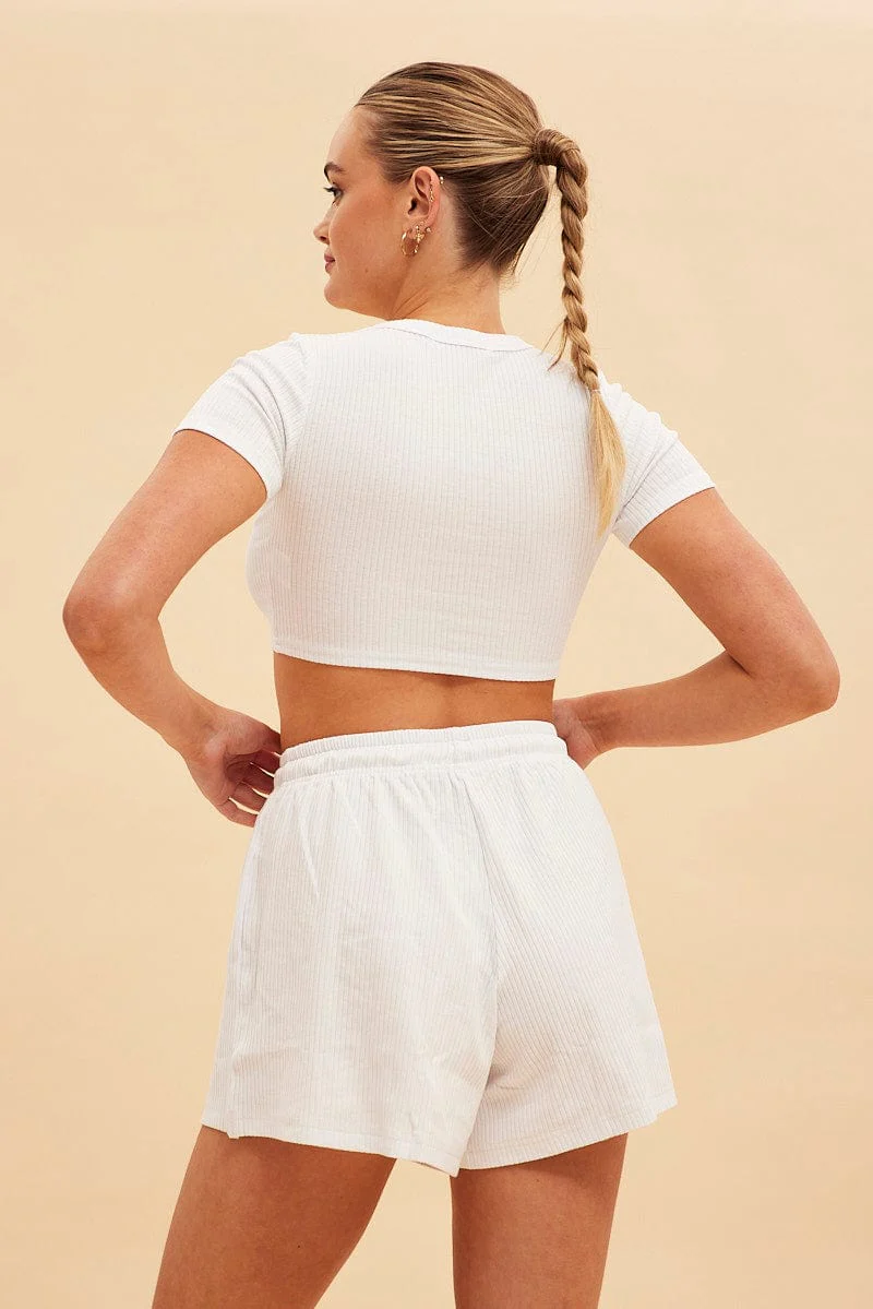 White Prea Rib Drawstring Short