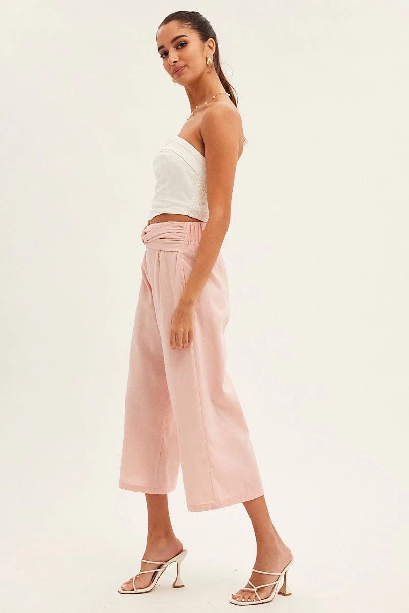 Pink Twist Front Textured Cotton Pant