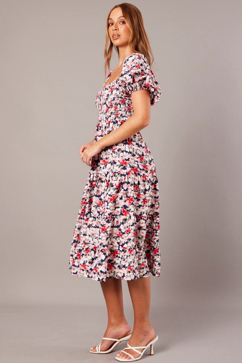 Blue Floral Midi Dress Puff Sleeve Shirred Bust