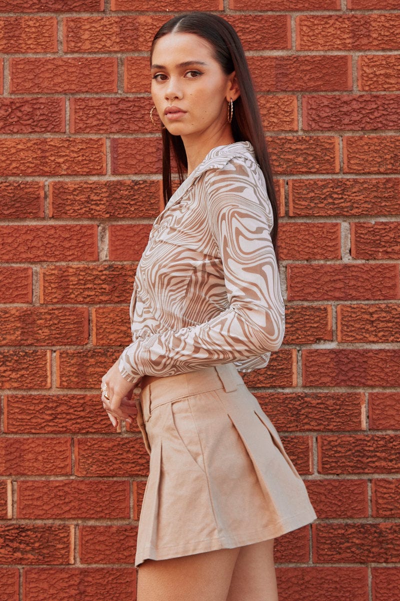 Marble Print Top Long Sleeve Midriff Mesh