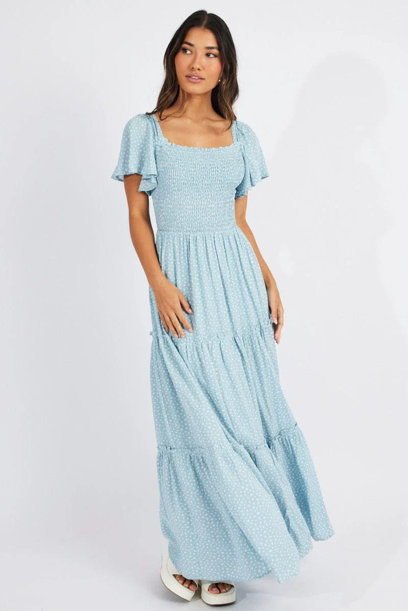 Blue Ditsy Maxi Dress Short Sleeve Shirred
