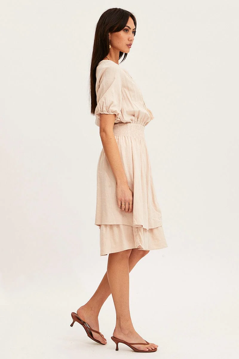 Beige Midi Dress Short Sleeve V Neck