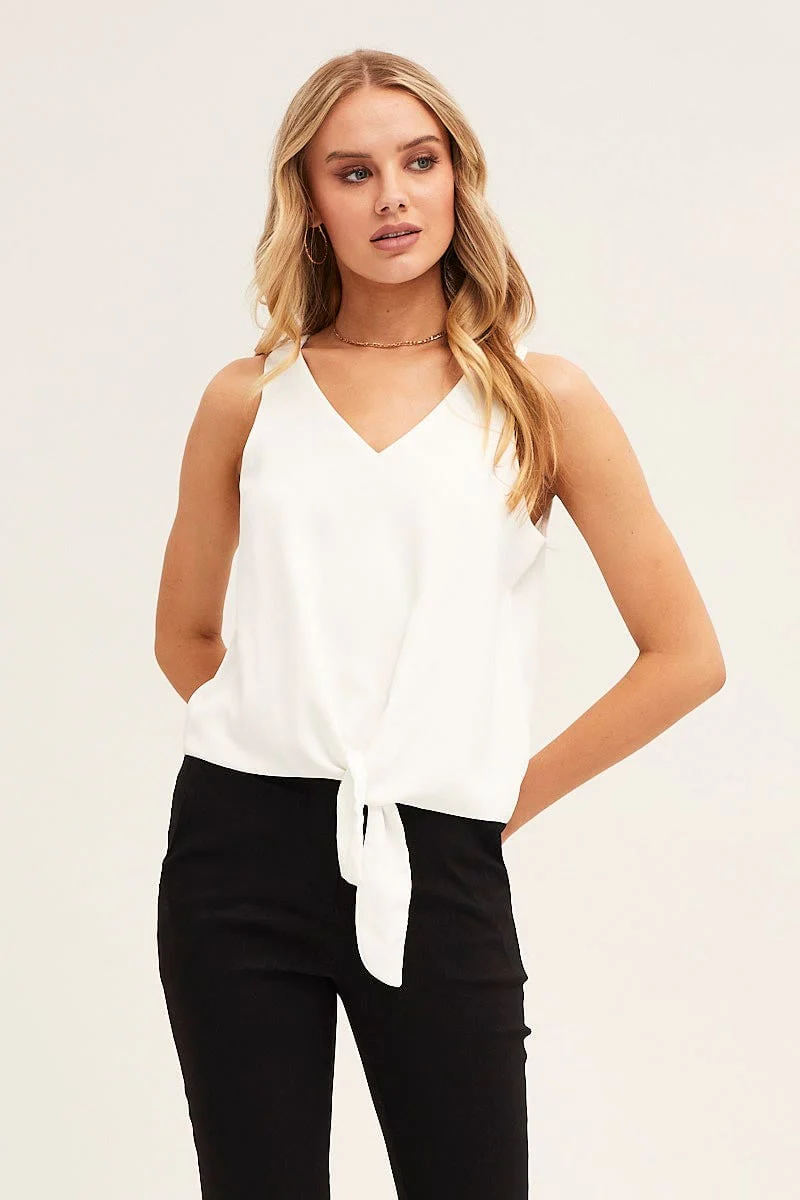White Sleeveless Tie Front Tank Top