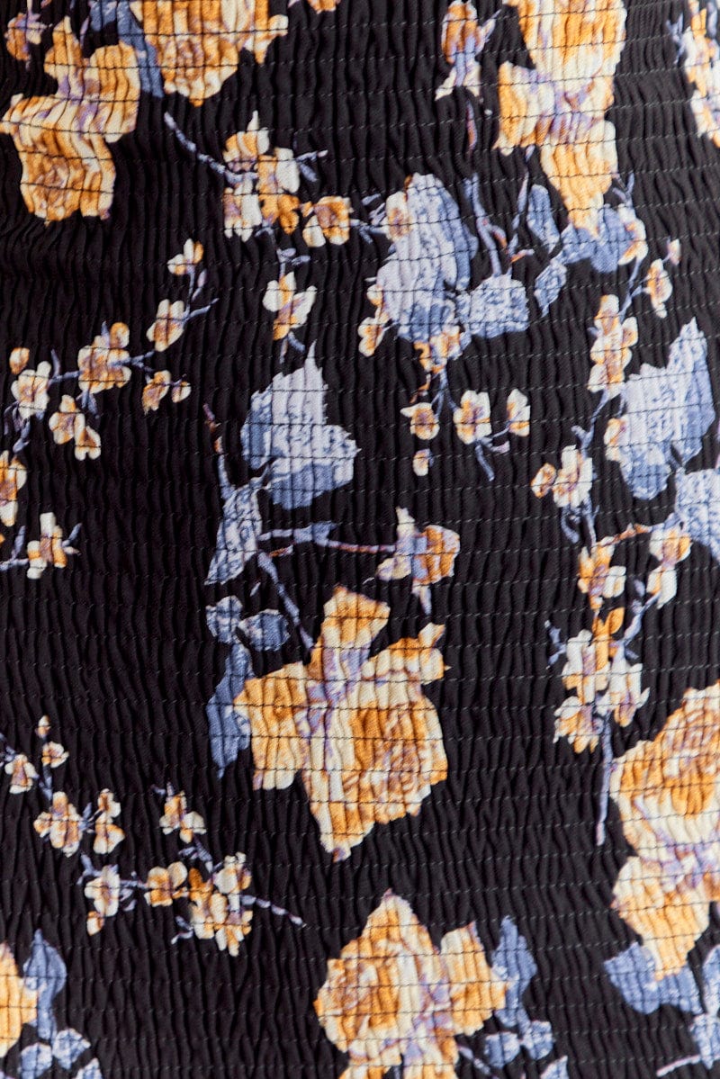 Black Floral Midi Dress Short Sleeve Shirred Bodycon