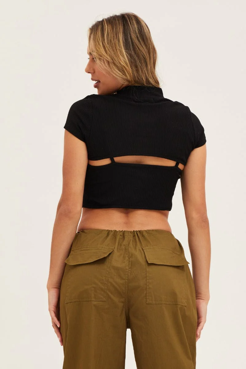 Black Rib Jersey Short Sleeve Cut Out Top