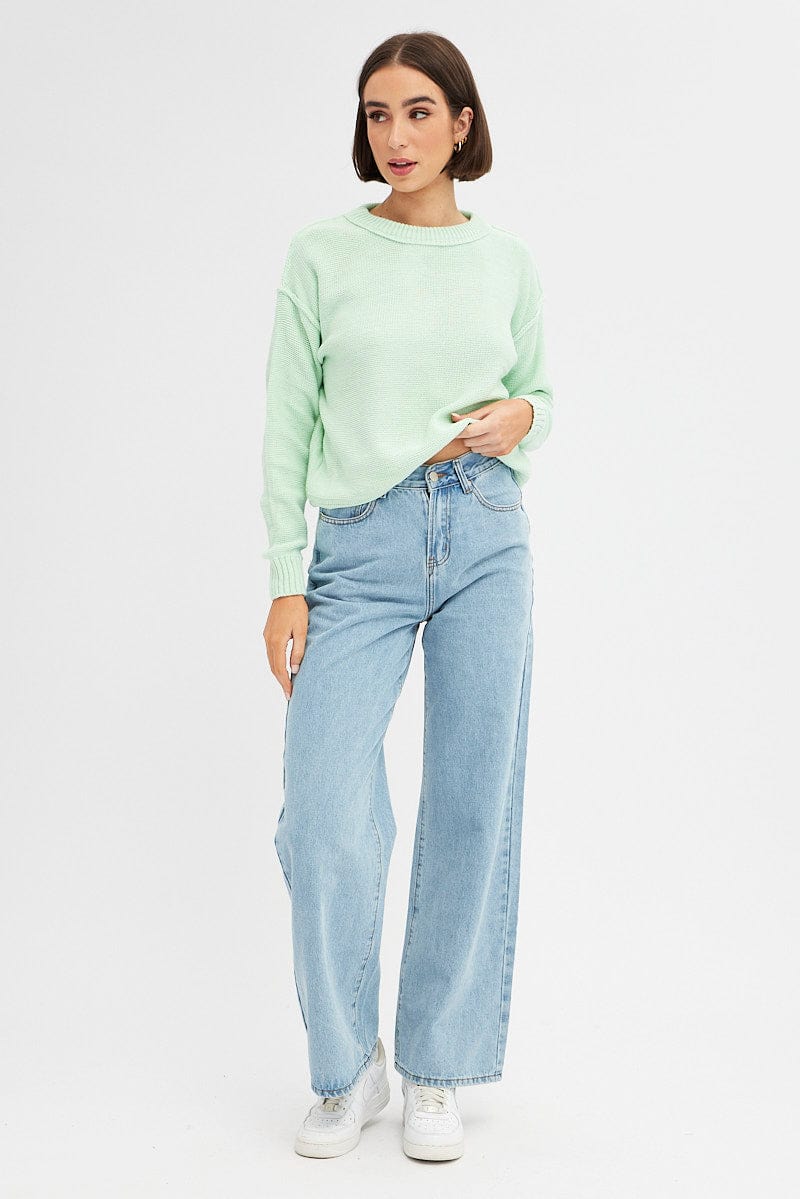 Green Knit Top Long Sleeve Round Neck