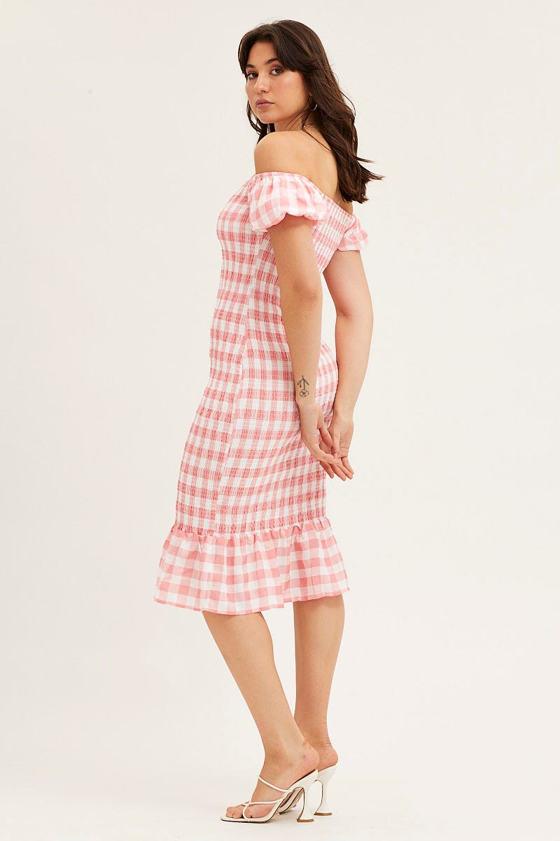 Check Shirred Midi Dress