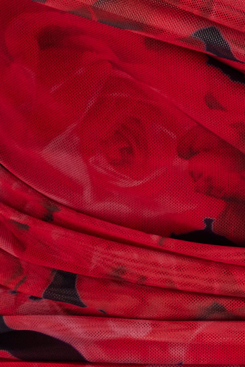 Red Floral Bardot Top Long Sleeve Off Shoulder Mesh Crop