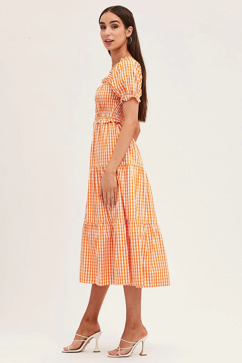 Check Short Sleeve Shirred Midi Dress