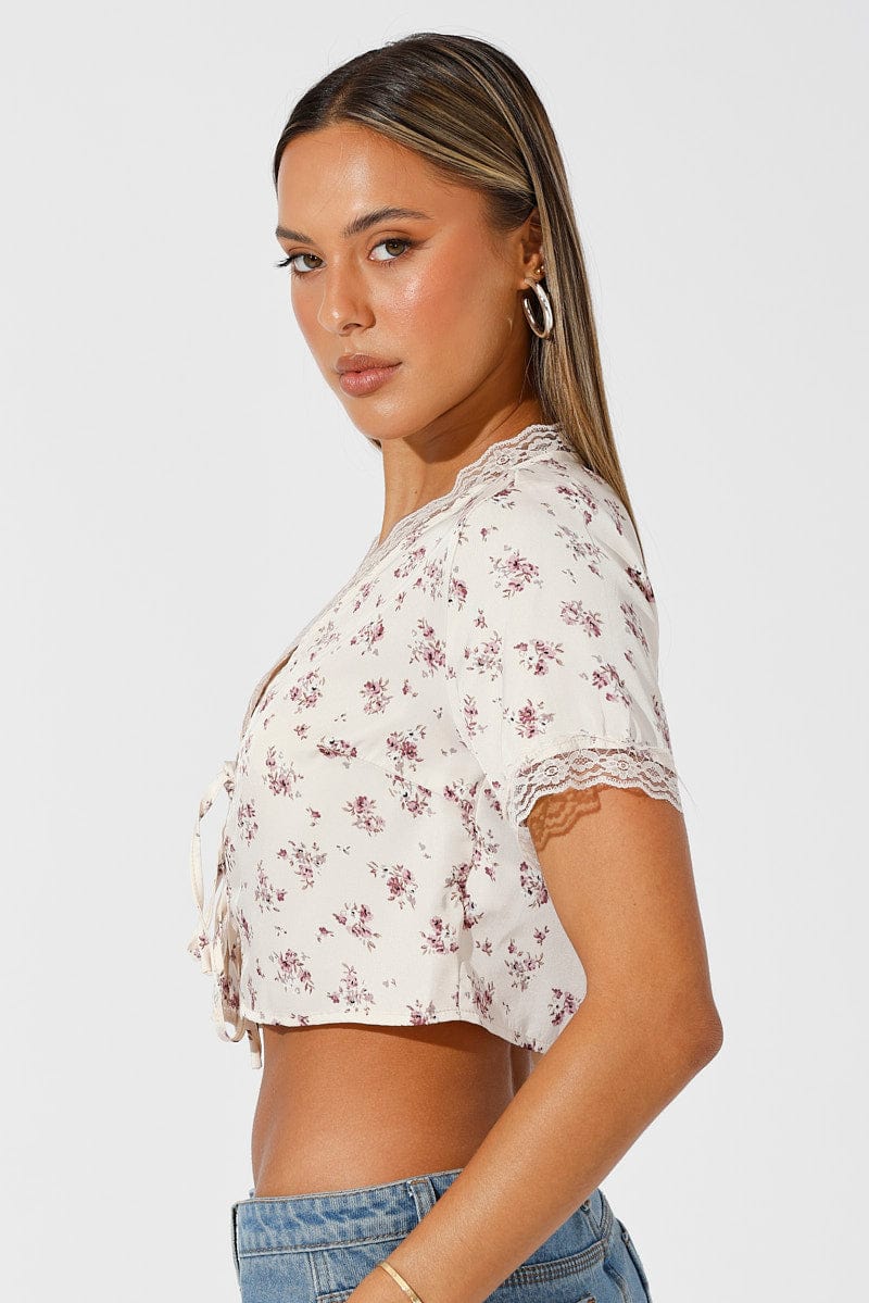 Beige Ditsy Tie Cardigan Short Sleeve