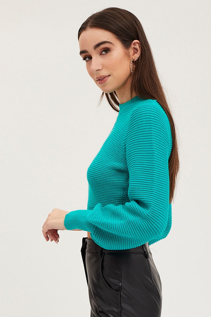 Green Knit Top Long Sleeve Crop Round Neck