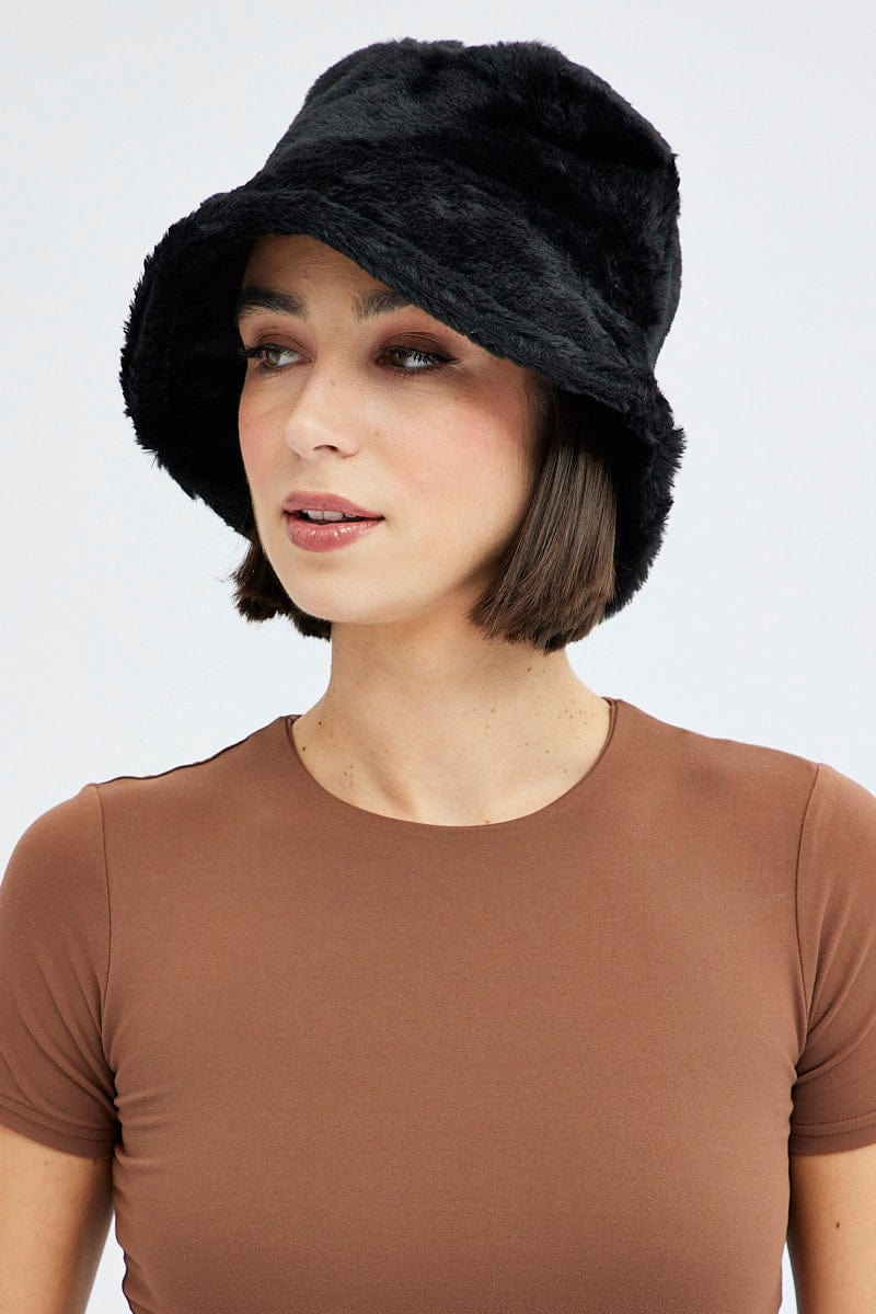 Black Faux Fur Bucket Hat