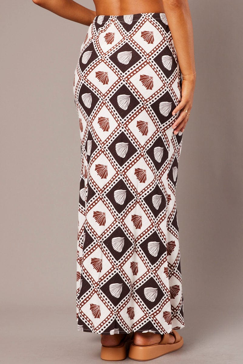 Brown Abstract Slip Skirt Maxi Linen Blend