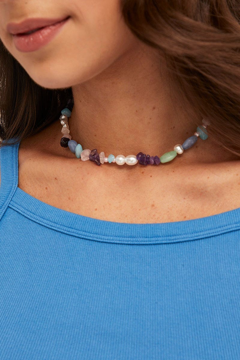 Multi Natural Stone And Pearls Necklace