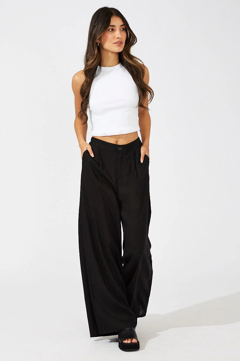 Black Wide Leg Pants High Rise Linen Blend