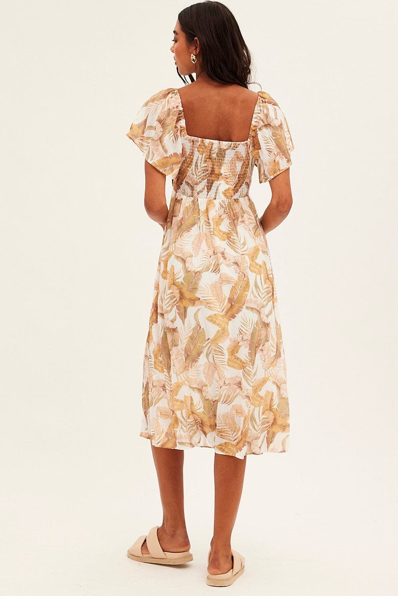 Beige Floral Midi Dress Square Neck Short Sleeve
